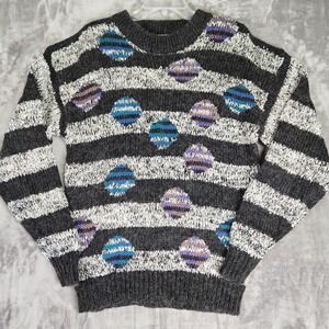 Vintage Koman Sweater‎ Mens L Gray Stripe Geometric Wool Blend Grandpa Cosby 80s